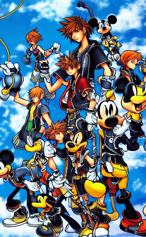 Image similar to kingdom hearts by yoji shinkawa, sora, roxas, goofy, mickey, cast of characters