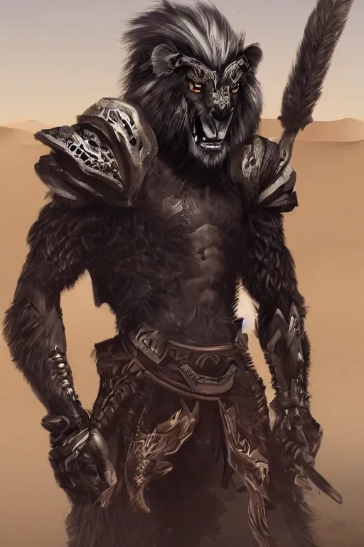 Image similar to black lion warrior in the desert, human - like, anthro, artstation