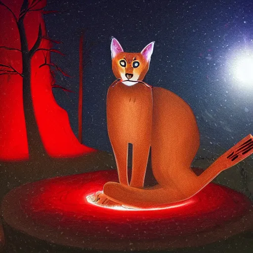 Image similar to caracals wearing red ties near campfire playing a guitar, night, atmospheric lighting, intricate, volumetric lighting, beautiful, digital cart