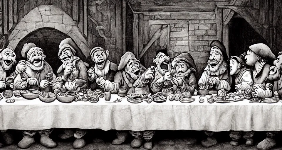 Image similar to seven dwarfs in the style of the last supper