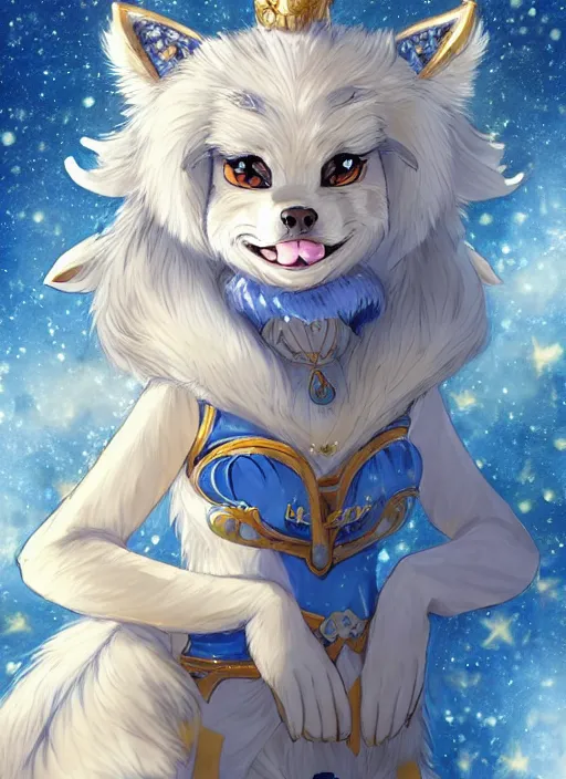 Image similar to commissioned full body portrait of a female anthro wolf princess fursona with a furry wolf head and white hair wearing a blue and gold Japanese armored dress in a white and gold palace on a starry night with a large crescent moon, by a professional manga illustrator, Stanley Artgerm Lau, WLOP, Rossdraws, James Jean, Andrei Riabovitchev, Marc Simonetti, and Sakimichan, trending on artstation