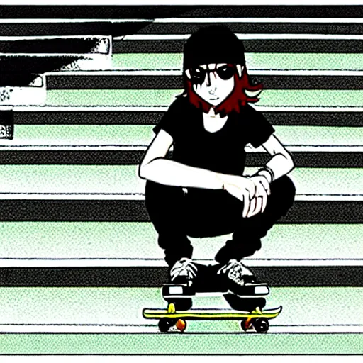 Image similar to skater girl sitting on steps by scott pilgrim, by bryan lee o'malley