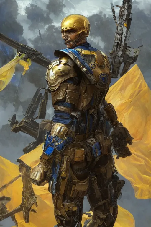Prompt: shot of Vladimir Zelenskiy as a super soldier with Ukrainian blue and yellow flag on his back, handsome, fantasy, intricate, pile of skulls under his feet, elegant, highly detailed, digital painting, artstation, concept art, smooth, sharp focus, illustration, art by artgerm and greg rutkowski and alphonse mucha