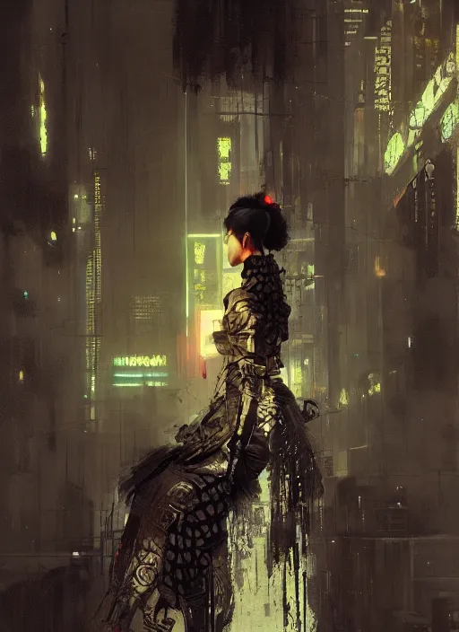 Image similar to cyberpunk geisha, rule of thirds, intricate outfit, spotlight, by greg rutkowski, by jeremy mann, digital painting