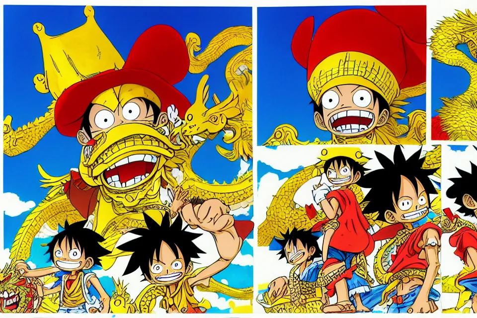Prompt: concept sketches of luffy wearing a gold crown riding a large dragon by jamie hewlett, in the style of megaman, micro detail, disney