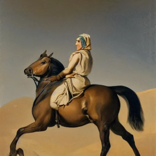 Prompt: a woman riding on the back of a horse in desert, an ultrafine detailed painting by theodore gericault, featured on pinterest, classical realism, studio portrait, oil on canvas, 1 9 2 0 s