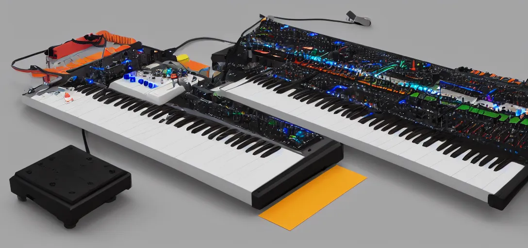 Prompt: a synthesizer in cassette futurism, added modeled around the keyboard, tactile buttons, a large patch bay with hanging colored patch leads, surrounded by speakers and cabinets, roland, rackmounts, moog hd, 8 k, artstation, ultra detailed, high definition
