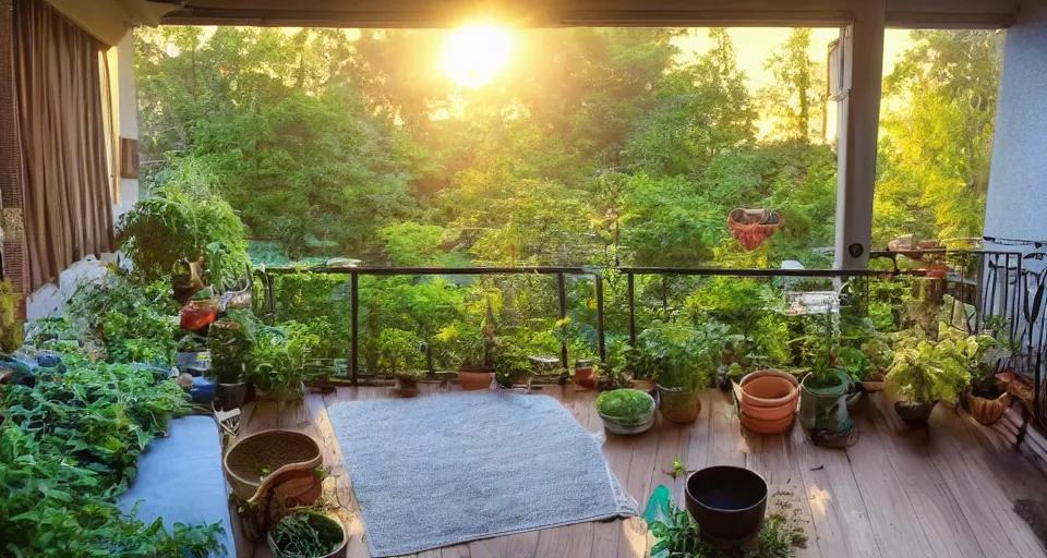 Image similar to a cozy appartment with an overgrown balcony, studio Ghibli style, golden hour