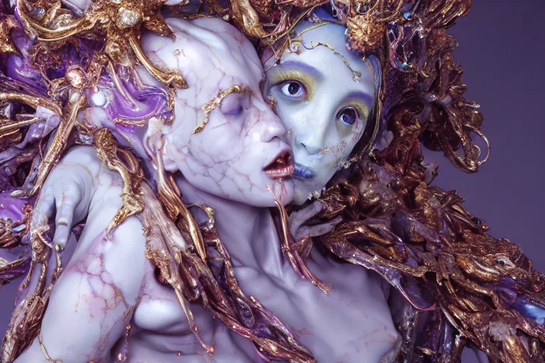 Image similar to Cinestill of A heartbreaking realistic 8k Bernini Sculpture of a stunning intricate cracked multicolored milky cosmic marble Evangelion Fallen Angel Devil Queen adorned in sentient mycelium mystical jewelry and ancient Empress crown and misty xparticles. by Yoshitaka Amano, Daytoner, Greg Tocchini, Scattered golden flakes, Hyperrealism. Subsurface scattering. Octane Render. Weirdcore, perfect face