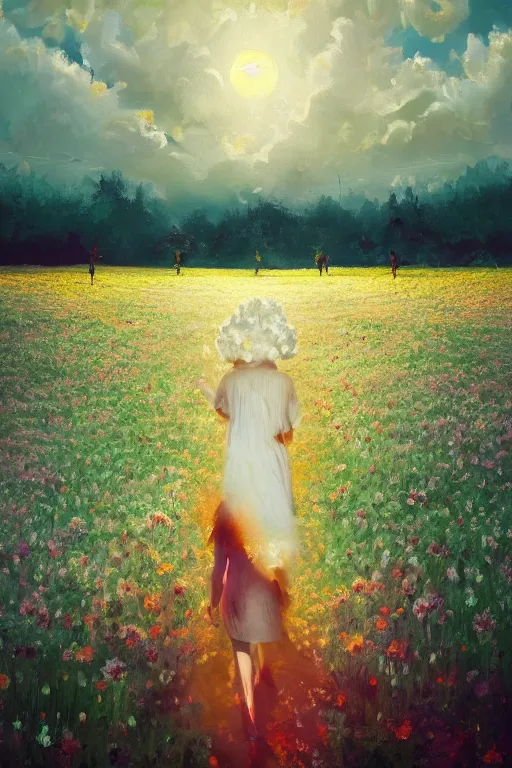 Image similar to giant white flower head, girl walking in a flower field, surreal photography, sunrise, dramatic light, impressionist painting, colorful clouds, digital painting, artstation, simon stalenhag