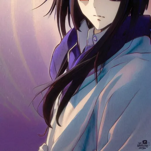 Image similar to small boy with black hair and blue purple eye, school uniform, anime style, hyper detailed, illustration, digital painting, art by artgerm and greg rutkowski and alphonse mucha, high delicate defined details, anime stylized, highly detailed, realistic, sharp focus, symmetrical face