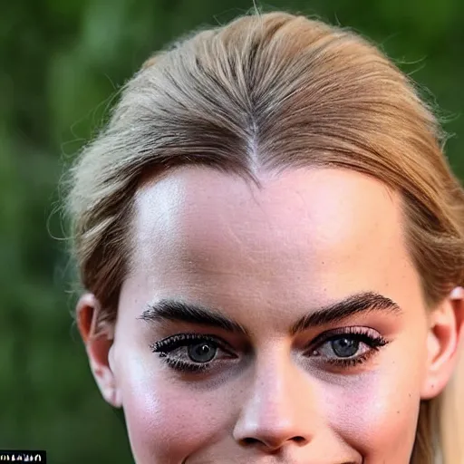 Image similar to a woman who is a genetic combination of margot robbie and emma watson face and upper - body focus