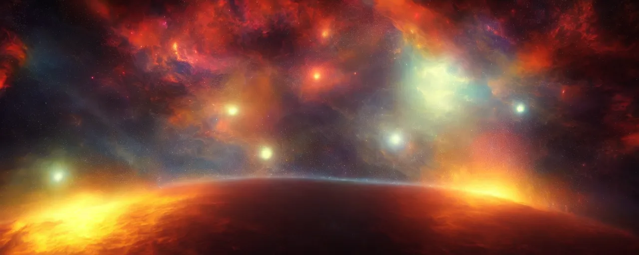 Image similar to warm colours, cinematic render of atmospheric deep space, volumetric lighting, cathrin machin