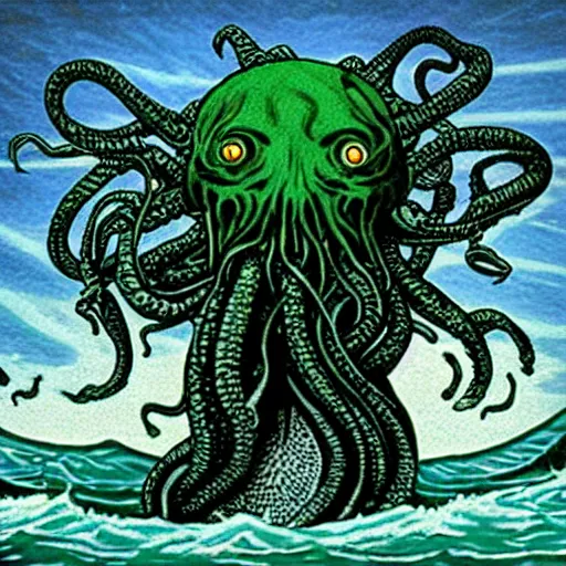 Prompt: cthulhu monster rising from the ocean playing a synthesizer