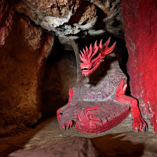 Prompt: photo of an ancient red dragon sitting menacingly in a cave