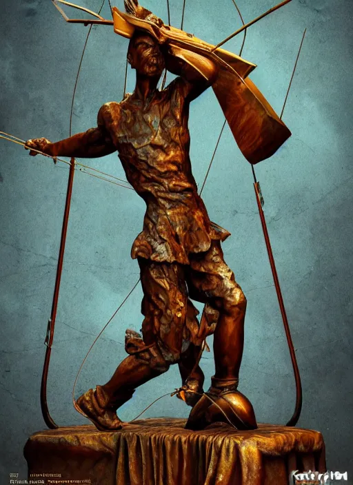 Prompt: An epic fantastic realism comic book style painting of a distressed bronze archery sculpture from the future by Stanislaw Szukalski, beautiful colorful flowers rain down, gilded marbled paper overlay, fisheye lens, unreal 5, DAZ, hyperrealistic, octane render, dynamic lighting