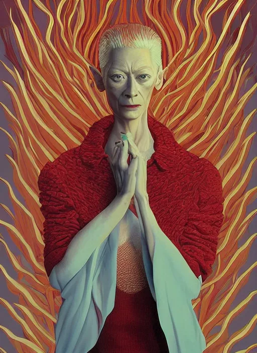 Image similar to poster artwork by Michael Whelan and Tomer Hanuka, Karol Bak of Tilda Swinton as the log lady, from scene from Twin Peaks, clean