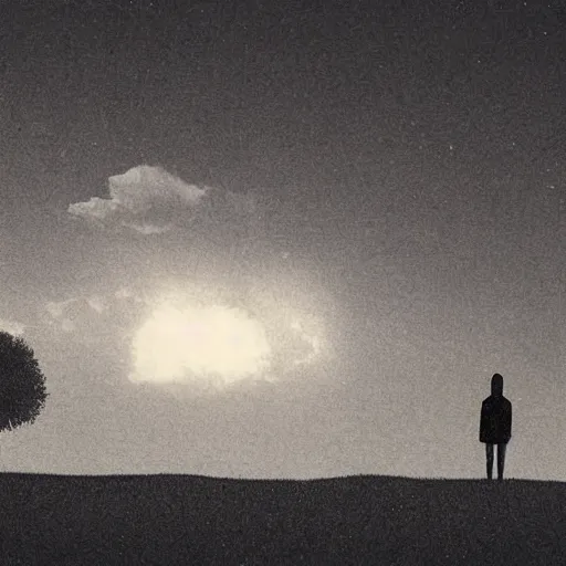 Prompt: an image of a character in silhouette looking out to the world. Photograph in the style of Simon stälenhag