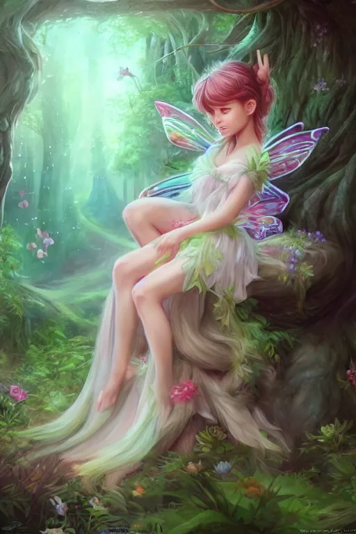 Image similar to a cute fairy in the dreamy forest, fantasy, 8 k resolution, hyper detailed, d & d, character design, digital painting, trending on artstation, sharp focus, illustration, art by artgerm, steve zheng, fuji choko, viktoria gavrilenko, hoang lap