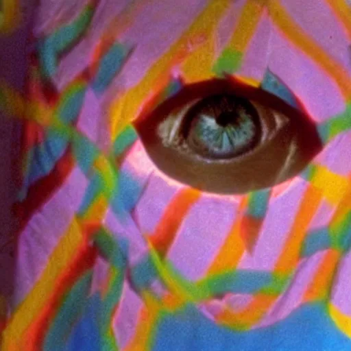 Image similar to still from 1983 live-action children's tv show about a girl who enters an eyeball cult color