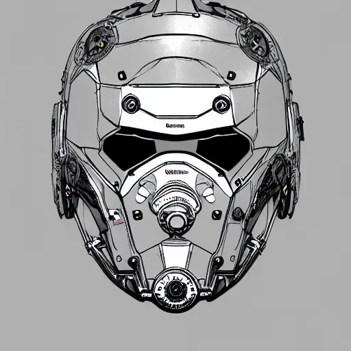 Prompt: parts diagram of a cybernetic helmet with parts labeled, intricate and detailed assembly drawing of a cybernetic battle helmet 🤖🦾, photorealistic, symmetrical fine details, full color, jaw dropping details, fantasy concept art, hyper realistic illustration, 8 k, artstation -