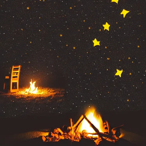 Image similar to a comfy crackling outdoor campfire in front of a very dark background of yellow illustrated stars, astrophotography, warm muted colors, cut paper photo collage with photograph and illustration