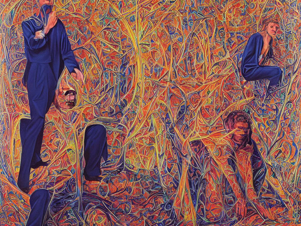 Image similar to portrait of a blonde man in slavic squat. painting by alex grey