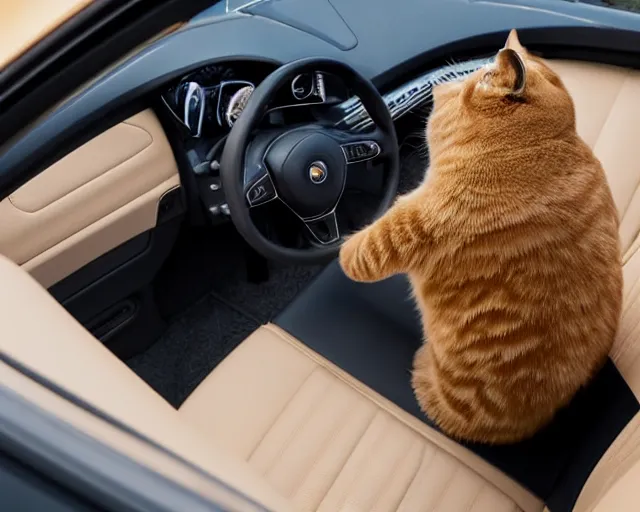 Image similar to top view of cabriolet with open roof, cat sitting in driver seat with paws resting on steering wheel, golden hour