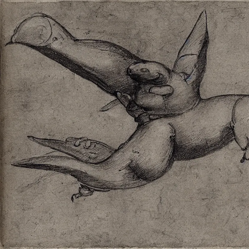 Image similar to leonardo da vinci sketch of a mechanical flying dachshund