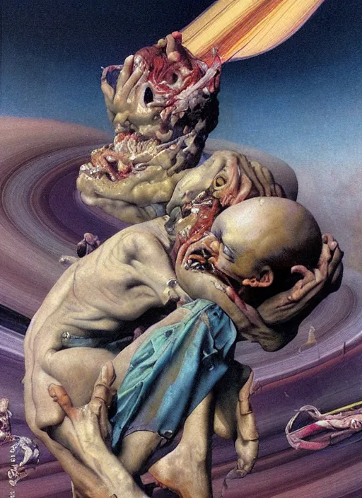 Prompt: realistic detailed image of Saturn devouring his son in the style of Francis Bacon, Surreal, Norman Rockwell and James Jean, Greg Hildebrandt, and Mark Brooks, triadic color scheme, By Greg Rutkowski, in the style of Francis Bacon and Syd Mead and Edward Hopper and Norman Rockwell and Beksinski, dark surrealism, open ceiling, highly detailed, painted by Francis Bacon, painted by James Gilleard, surrealism, by Nicola Samori, airbrush, Ilya Kuvshinov, WLOP, Stanley Artgerm, very coherent, art by Takato Yamamoto and James Jean