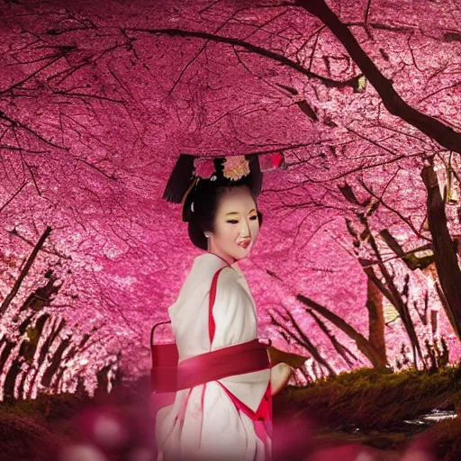 Image similar to beautiful full body portrait geisha walking on a trail through a forest of glowing cherry blossom trees with stream , beautiful face smiling, with cherry blossom in hand, ultra detail photo realistic cinematic neon lighting 4k shoot on Polaroid in 1977