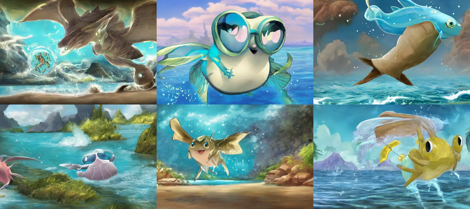 Prompt: digital painting of realistic aquarona, the water-type mothlike pokemon wearing glasses flying in front of a lake on a beach. high resolution artstation