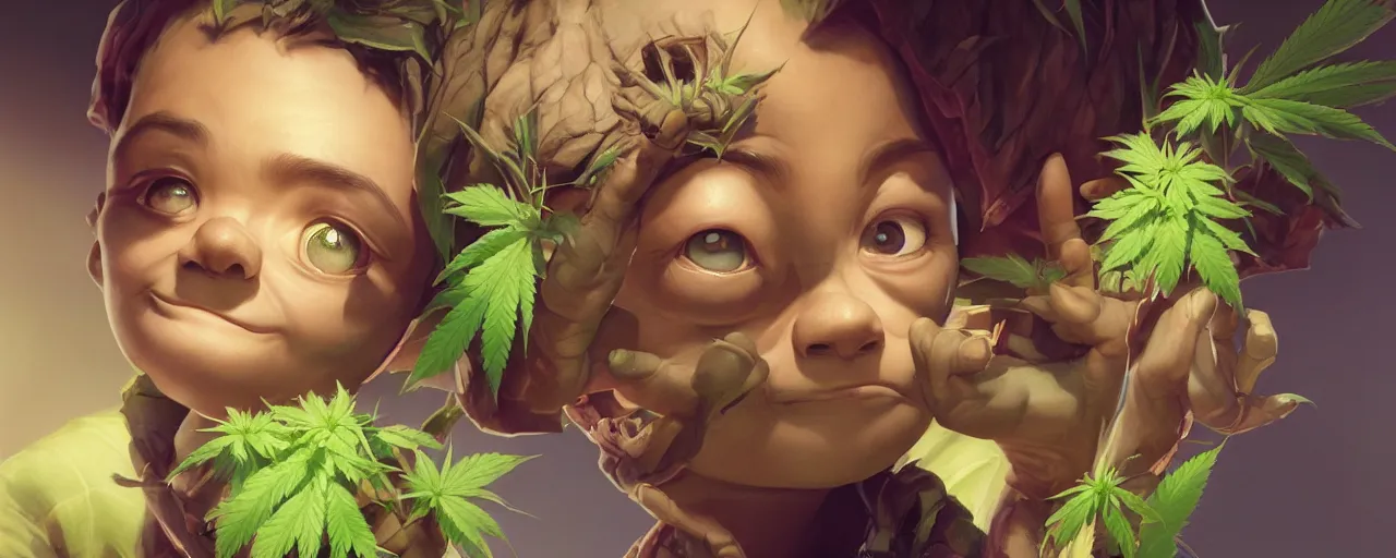 Prompt: portrait smiling round cute face cannabis!!, big eyes, marijuana!, baby groot, realistic shaded perfect face, cinematic volumentric lighting, jim cheung, david marquez, mike deodato jr, behance hd by jesper ejsing, by rhads, hyper detailed, octane render, concept art, artstation