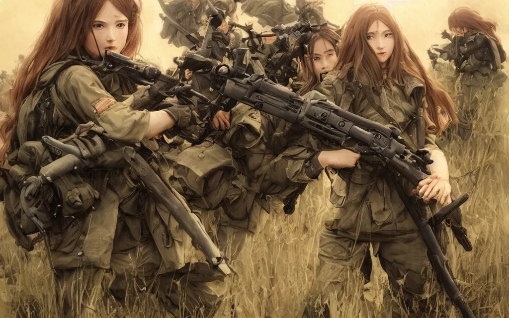 Image similar to war movie scene, infantry girl, anime style, long hair, hair down, symmetrical facial features, explosions, from girls frontline, hyper realistic, pale skin, rule of thirds, extreme detail, realistic lighting, detailed drawing, trending artstation, hd, d & d, trading card, by alphonse mucha, greg rutkowski, sharp focus, backlit