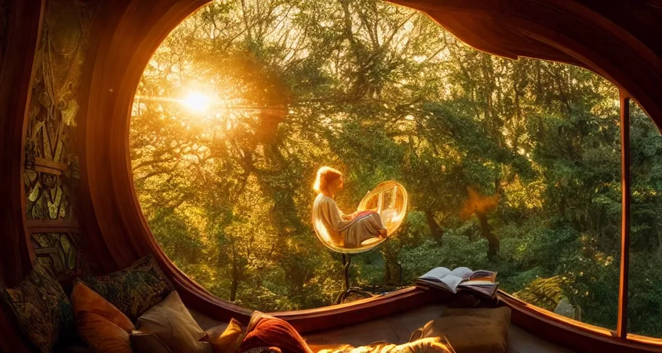 Prompt: An incredibly beautiful scene from a 2022 sci-fi film featuring a cozy art nouveau reading nook in a fantasy treehouse. Golden Hour. 8K UHD.