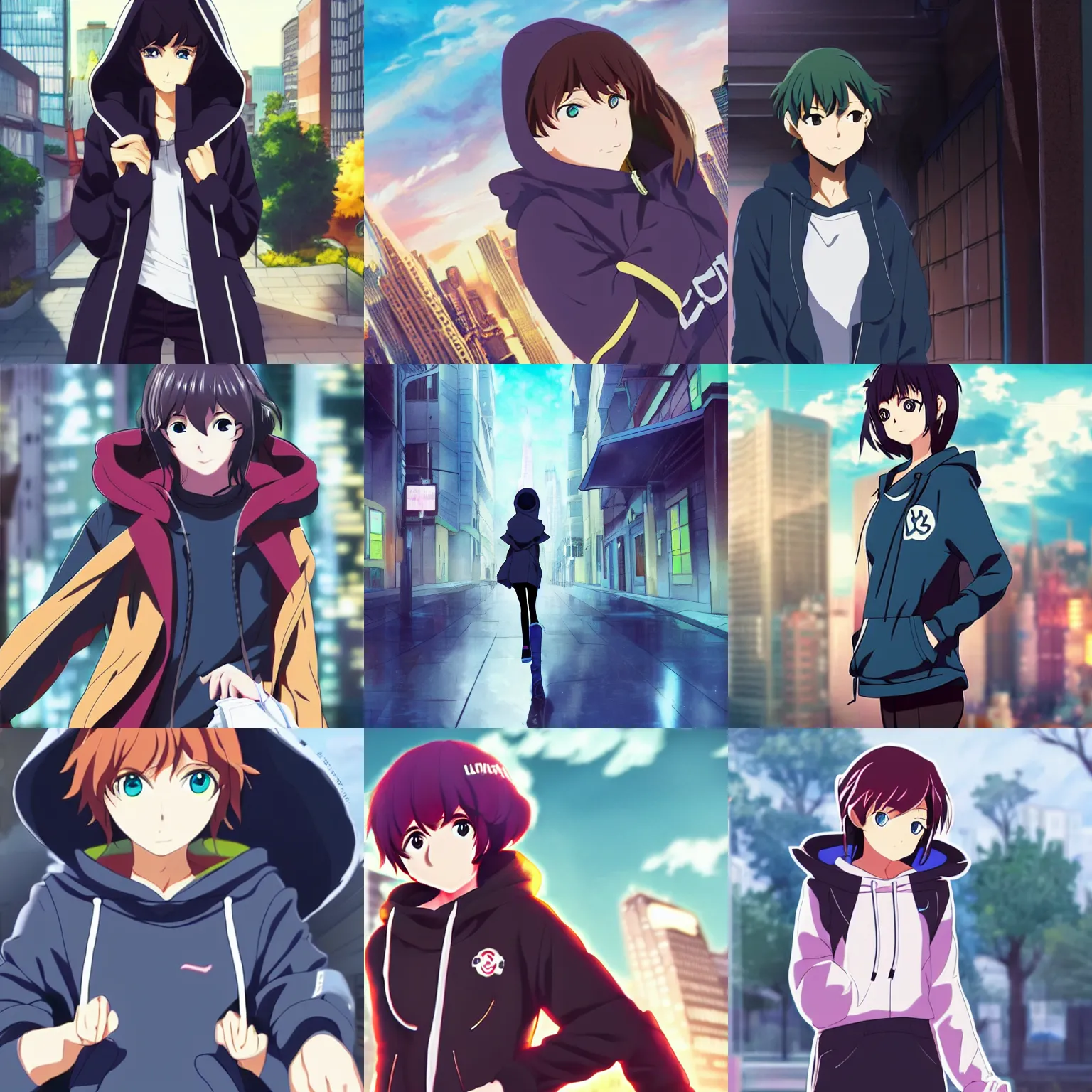 Prompt: girl wearing hoodie, city, anime key visual, shinkai makoto