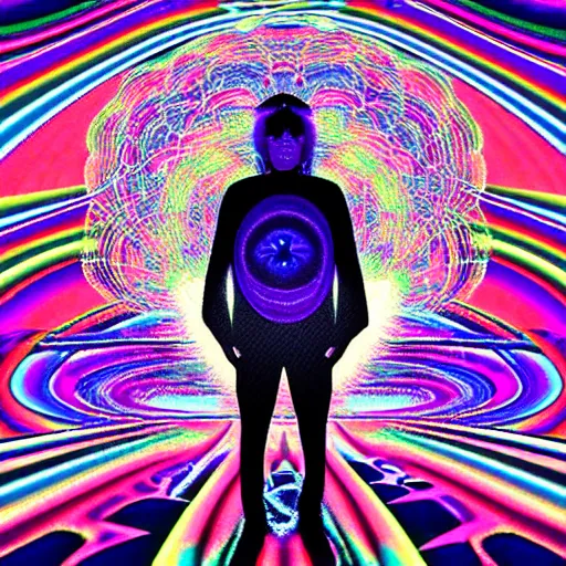 Image similar to man trasforming into an enlightened being, psychedelic, vaporwave,'9 0 s