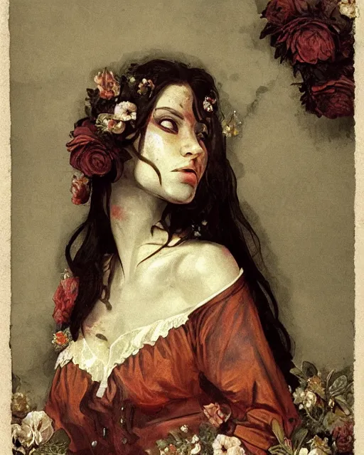 Prompt: a baroque painting of a beautiful but serious woman in layers of fear, with haunted eyes and dark hair piled on her head, 1 9 7 0 s, seventies, floral wallpaper, wilted flowers, a little blood, morning light showing injuries, delicate ex embellishments, painterly, offset printing technique