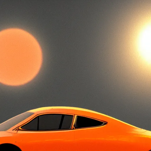 Prompt: a car is flying in front of a bright orange sun, a raytraced image by Mārtiņš Krūmiņš