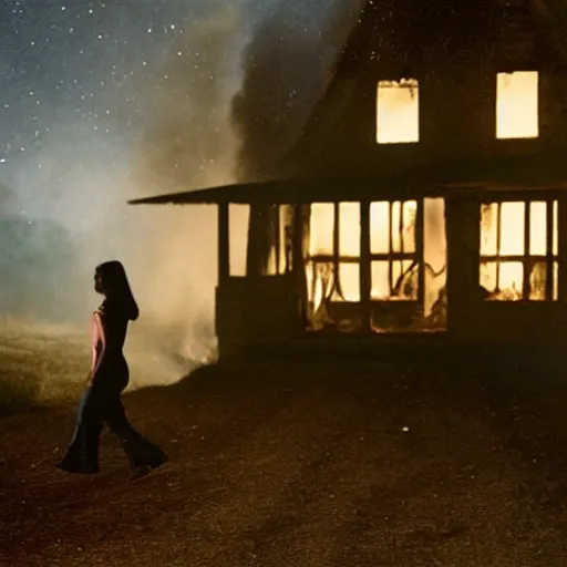 Image similar to Gregory Crewdson full color Photography, A woman walks calmly while her house is on fire, atmospheric lighting , moonlight