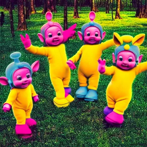 Image similar to photorealistic photo of creepy teletubbies