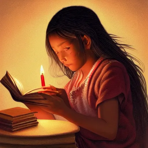 Prompt: village girl reading a book, candle light, highly detailed, digital painting, artstation, concept art, art by artgerm and Johfra Bosschart