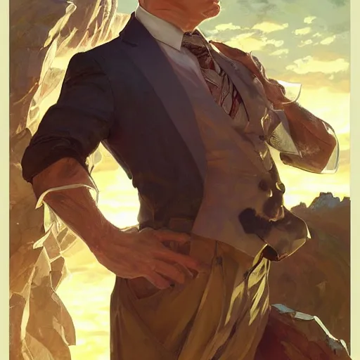 Prompt: saul goodman, fantasy character portrait, dynamic pose, above view, sunny day, very coherent asymmetrical artwork, sharp edges, perfect face, simple form, 100mm by Stanley Artgerm Lau, greg rutkowski, thomas kindkade, alphonse mucha, loish