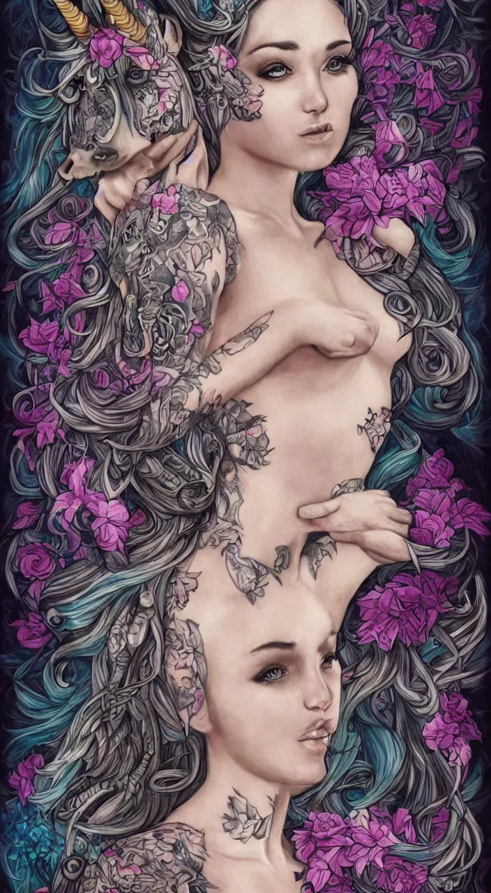 Image similar to beautiful woman with large tattoo of unicorn, intricate, flowers, mythical, detailed, digital painting