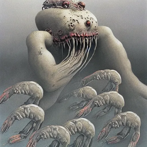 Prompt: shrimp creepy nightmare monster by zdzisław beksinski