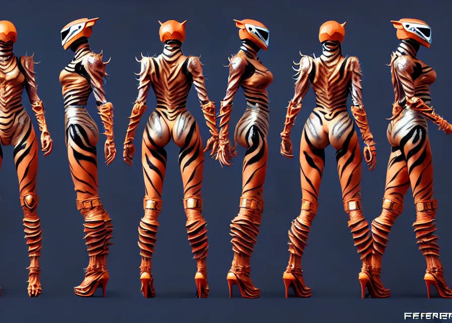 Image similar to female kamen rider character concept art sprite sheet of abstract tiger concept, big belt, fangs, human structure, concept art, hero action pose, human anatomy, intricate detail, hyperrealistic art and illustration by irakli nadar and alexandre ferra, unreal 5 engine highlly render, global illumination