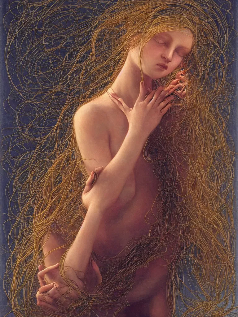Prompt: portrait of a beautiful female android holding her heart in her hands and crying, there are wires coming from her heart, tangled and entwined with her long flowing hair, painting by James C. Christensen