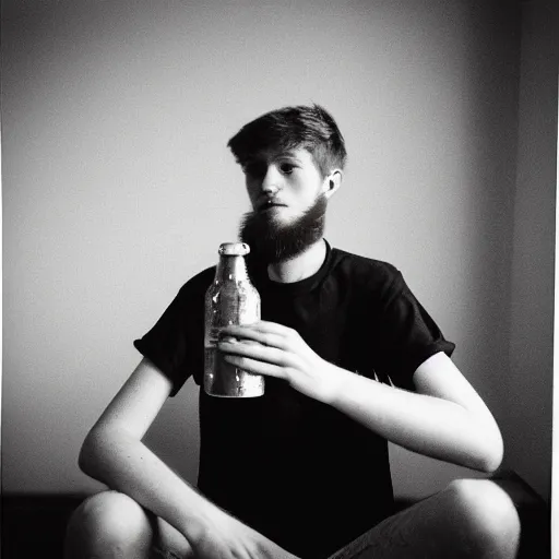 Prompt: “A 20 year old, ginger, tall, polish college student, with a scruffy beard, sitting in his back drinking beer, 8 mm lens photography,”