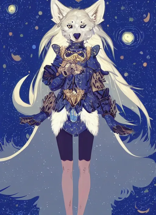 Image similar to commissioned full body portrait of a female anthro wolf princess fursona with a furry wolf head and white hair wearing a blue and gold Japanese armored dress in a white and gold palace on a starry night with a large crescent moon, by a professional manga illustrator, by Kilian Eng, by Sandra Chevrier, trending on artstation