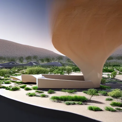 Prompt: architectural rendering of biophilia building in the desert, biomimetry shape, peaceful